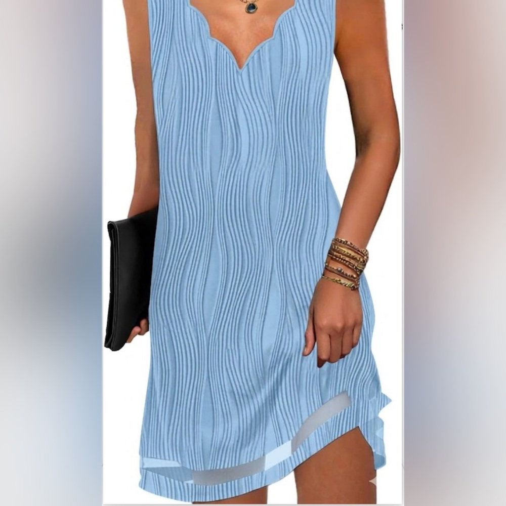 Scallop Neck Ribbed Light Blue Tank Dress
